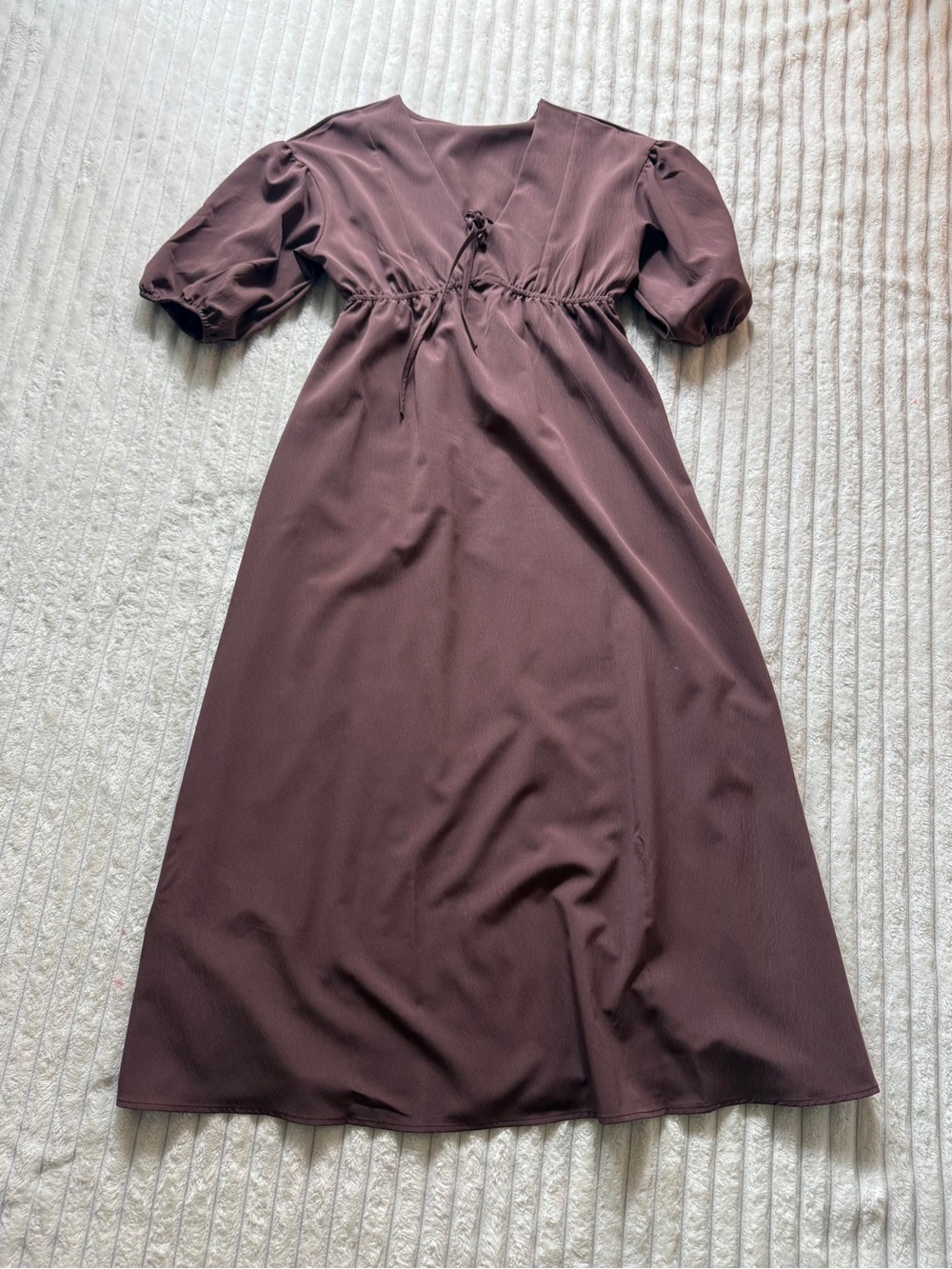 Women's brown Solid V-Neck Puff Sleeve A-Line Midi Dress Tie Accent Size S